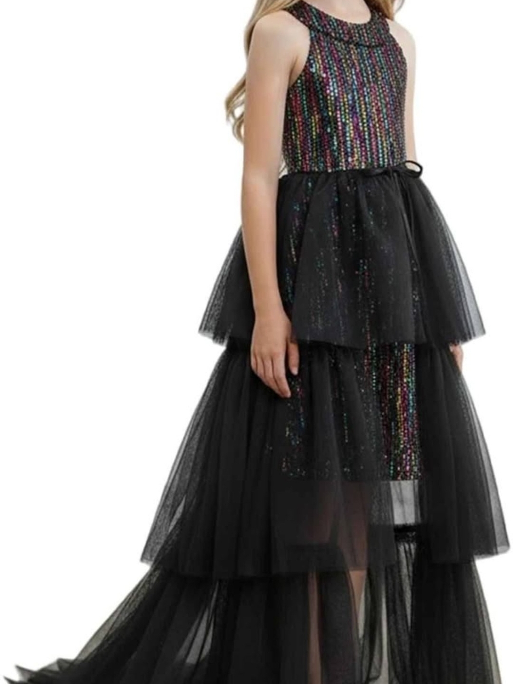 Girls Black Multicolor Sequin Tiered Tulle Formal Dress